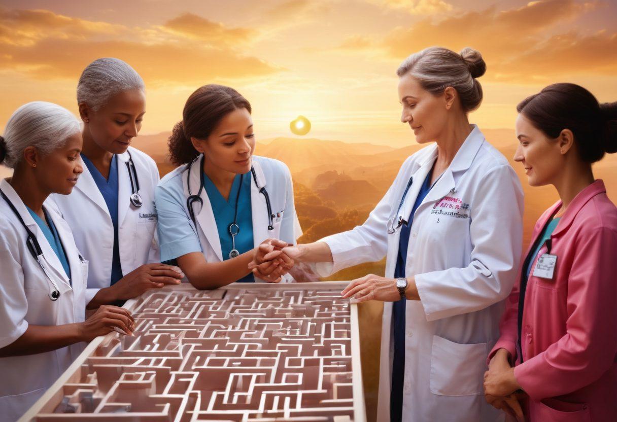 An empathetic healthcare professional guiding a cancer patient through a maze of treatment options, surrounded by supportive family members. Include symbols of hope like a sunrise in the background, vibrant medical imagery, and supportive visuals like hands holding each other. The atmosphere should feel warm and reassuring. super-realistic. vibrant colors. soft focus.